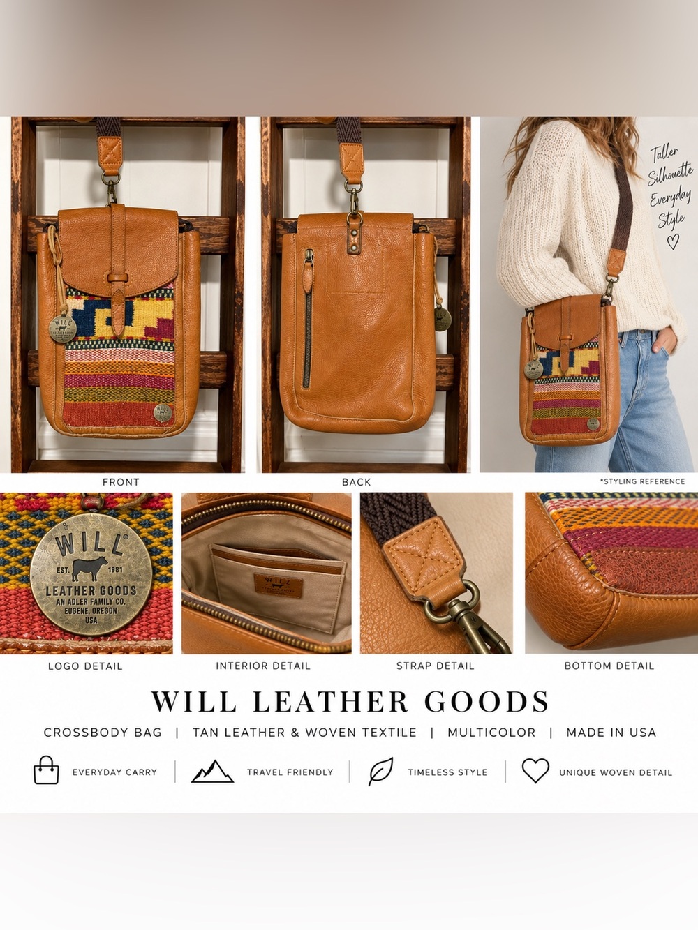 Will Leather Goods Leather Sling Bag with Multicolor Woven Panel